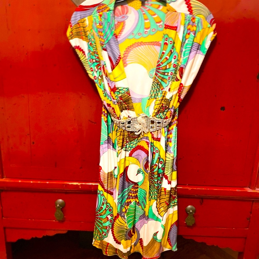 Sky Designer dress 1990s So beautiful!! 
Peacock design w fake Dia peacock
